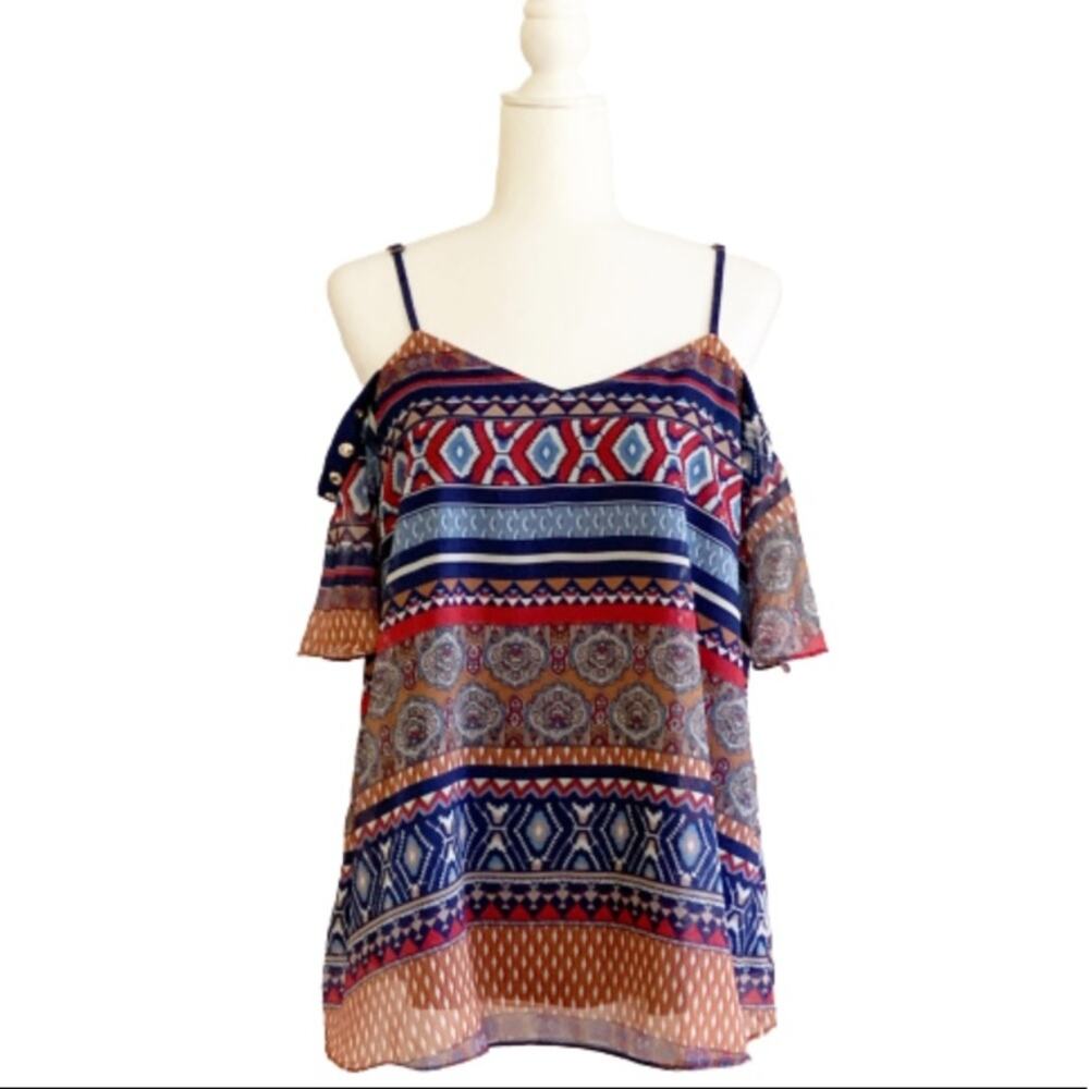 Coco & Carmen Top Blouse Siren Vibrant Print Short Sleeve Cold Shoulder L/XL NEW